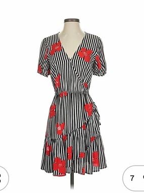 Madewell Black and White Striped Dress with Red Floral Detail. Women’s size M.